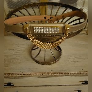 Vintage Ames Boutique Gold Leather metallic belt with Rhinestones.